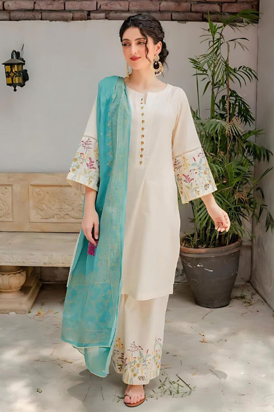 3 piece white  pure lawn suit -Embroidered (unstitched)