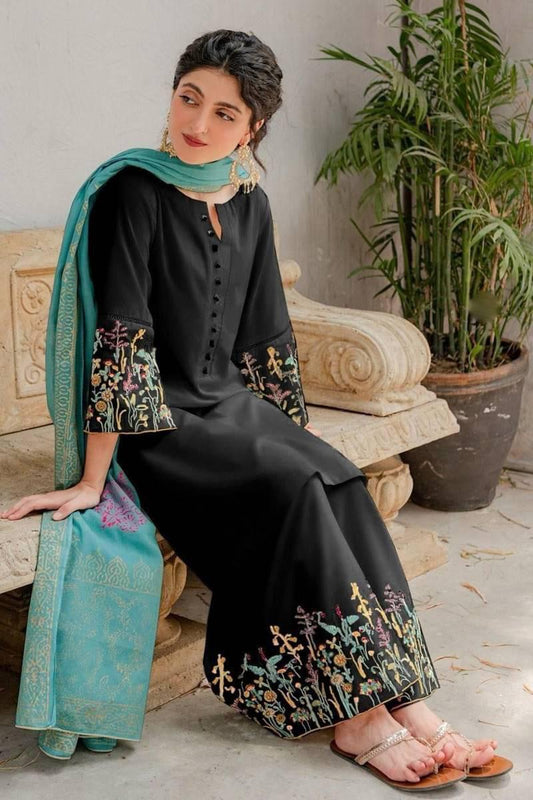 Black 3 piece pure lawn suit -Embroidered (unstitched)