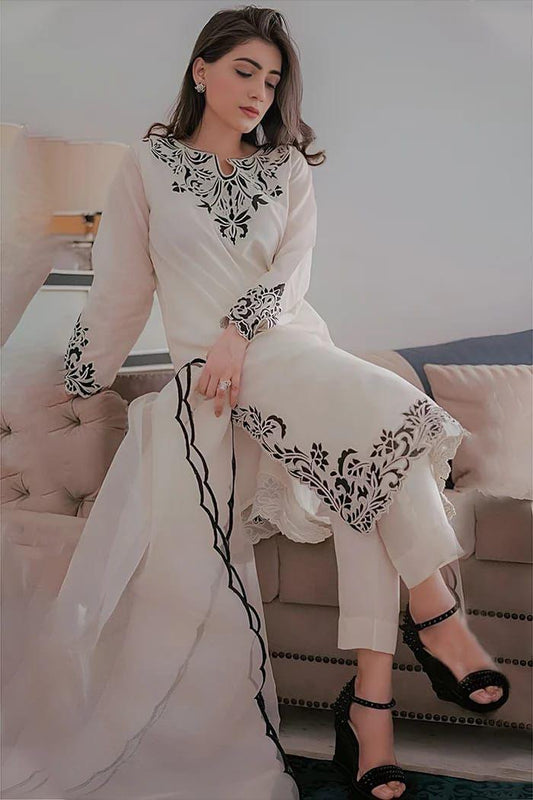 3 piece white  pure lawn suit -Embroidered (unstitched)