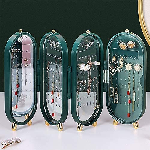 Jewellery Box Organiser With Mirror – Foldable Exquisite Dustproof Jewelry Storage Case Multi-function Screen Shaped Metal Display Jewelry Stand For Earring – Necklace & Bracelet